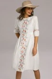 3/4 Length Sleeve Round Neck Cotton Embroidered Midi Dress