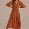 Rust Long Puff Sleeve V Neck Smocked Tiered Midi Dress -Saucony Store 2070703 1