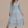 Mint Long Sleeve V Neck Smocked Midi Dress -Saucony Store 2071401 1