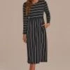 Black And White Long Sleeve Round Neck Stripe Midi Dress -Saucony Store 2072105 1