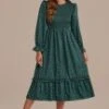Green Long Sleeve High Neck Polka Dot Midi Dress -Saucony Store 2110405 1