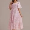 Pink Floral Short Sleeve Square Neck Smocked Tiered Midi Dress -Saucony Store 22063002 1