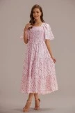 Pink Floral Short Sleeve Square Neck Smocked Tiered Midi Dress