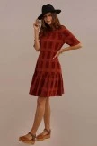 Rust Half Sleeve Round Neck Natural Cotton Plaid Mini Dress With Pocket