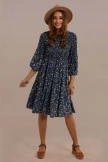 Blue 3/4 Length Sleeve Round Neck Natural Floral Midi Dress 5 Blue 3/4 Length Sleeve Round Neck Natural Floral Midi Dress - Image 3