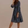 Blue 3/4 Length Sleeve Round Neck Natural Floral Midi Dress -Saucony Store 7e1a2172