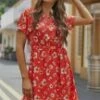 Rust Short Sleeve Round Neck Rayon Floral Midi Dress -Saucony Store brl055 1