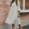 Ivory 3/4 Sleeve Round Neck Rayon Lace Midi Dress 2 Ivory 3/4 Sleeve Round Neck Rayon Lace Midi Dress -Saucony Store brl179 1