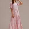 Pink Short Ruffle Sleeve Round Neck Tiered Midi Dress -Saucony Store brl2042702 1