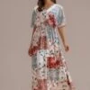 Contrast Floral Half Sleeve V Neck Elastic Waist Maxi Dress 1 Contrast Floral Half Sleeve V Neck Elastic Waist Maxi Dress -Saucony Store brl291 1 1
