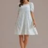 White Floral Short Puff Sleeve Square Neck Mini Dress -Saucony Store brl292 1 1
