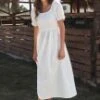 White Short Puff Sleeve Square Neck Shirring Maxi Dress -Saucony Store brl297 1