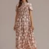 Camel Floral Print Shirring Short Sleeve High Neck Maxi Dress -Saucony Store brl300 1