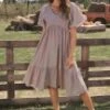 Dusty Mauve Short Loose Sleeve V Neck Shirring Midi Dress 1 Dusty Mauve Short Loose Sleeve V Neck Shirring Midi Dress -Saucony Store brl309 1