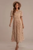 Beige Floral Short Sleeve Round Neck Folds Midi Dress