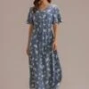 Blue Floral Short Sleeve V Neck Function Buttons Midi Dress 1 Blue Floral Short Sleeve V Neck Function Buttons Midi Dress -Saucony Store brl320 1 1