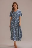 Blue Floral Short Sleeve V Neck Function Buttons Midi Dress 3 Blue Floral Short Sleeve V Neck Function Buttons Midi Dress