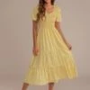 Yellow Floral Print Short Sleeve V Neck Tiered Midi Dress -Saucony Store brld0042 3