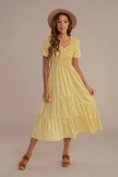 Yellow Floral Print Short Sleeve V Neck Tiered Midi Dress