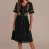 Black Short Sleeve V Neck Button Down Embroidery Midi Dress -Saucony Store brld0068 1 1
