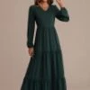 Long Sleeve V Neck Tiered Solid Maxi Dress -Saucony Store brld0918055 6