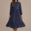 Blue Long Sleeve Round Neck Polka Dot Midi Dress -Saucony Store brld1101014 5