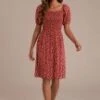 Red Floral Short Puff Sleeve Square Neck Smocked Midi Dress -Saucony Store brld120313 1