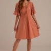 Dark Salmon Ruffle Sleeve Round Neck Mom Midi Dress -Saucony Store brld122808 01 1
