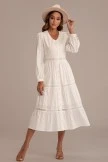 White Long Sleeve V Neck Crochet Lace Tiered Cotton Midi Dress