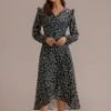 Black Floral Long Sleeve V Neck Midi Dress