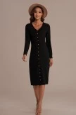 Black Long Sleeve V Neck Buttons Midi Dress