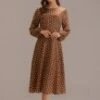 Brown Polka Dots Long Sleeve Round Neck Midi Dress -Saucony Store brld2070704 1 1