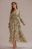 Floral Long Sleeve V Neck Buttons Maxi Dress With Pockets
