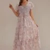 Mauve Floral Short Sleeves V Neck Smocked Tiered Maxi Dress -Saucony Store brld2090803 1