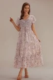 Mauve Floral Short Sleeves V Neck Smocked Tiered Maxi Dress