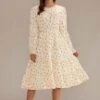 Ivory Floral Long Sleeve Round Neck Tiered Midi Dress -Saucony Store brld2092901 1