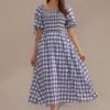 Navy Plaid Short Puff Sleeve Square Neck Smocked Midi Dress -Saucony Store brld2101806 1