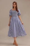 Navy Plaid Short Puff Sleeve Square Neck Smocked Midi Dress
