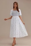Floral Short Puff Sleeve Square Neck Embroidery Midi Dress 5 Floral Short Puff Sleeve Square Neck Embroidery Midi Dress - Image 3