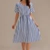 Sailor Stripe Short Sleeve V Neck Midi Dress With Pockets -Saucony Store brld2102002 6