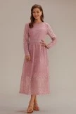 Pink Lace Long Sleeve Round Neck Tiered Midi Dress