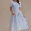 Blue Stripe Short Sleeve Round Neck Smocked Cotton Midi Dress -Saucony Store brld2111008 1