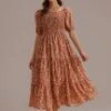 Rust Short Sleeve Square Neck Smocked Maxi Dress -Saucony Store brld2120105 1