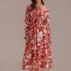 Red Floral Long Sleeve Round Neck Maxi Dress -Saucony Store brld2120210 1