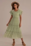 Green Short Sleeve Round Neck Tiered Ruffled Midi Dress
