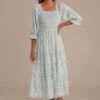 Floral 3/4 Sleeve Square Neck Smocked Tiered Midi Dress -Saucony Store brld22042805 3 1