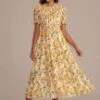 Lemon Pattern Print Short Sleeve High Ruffle Neck Smocked Midi Dress 1 Lemon Pattern Print Short Sleeve High Ruffle Neck Smocked Midi Dress -Saucony Store brld22051202 1