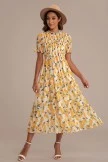 Lemon Pattern Print Short Sleeve High Ruffle Neck Smocked Midi Dress