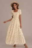 Floral Short Sleeve Square Neck Smocked Maxi Dress
