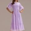 Lavender Short Ruffle Sleeve High Neck Smocked Midi Dress -Saucony Store brld22061506 1